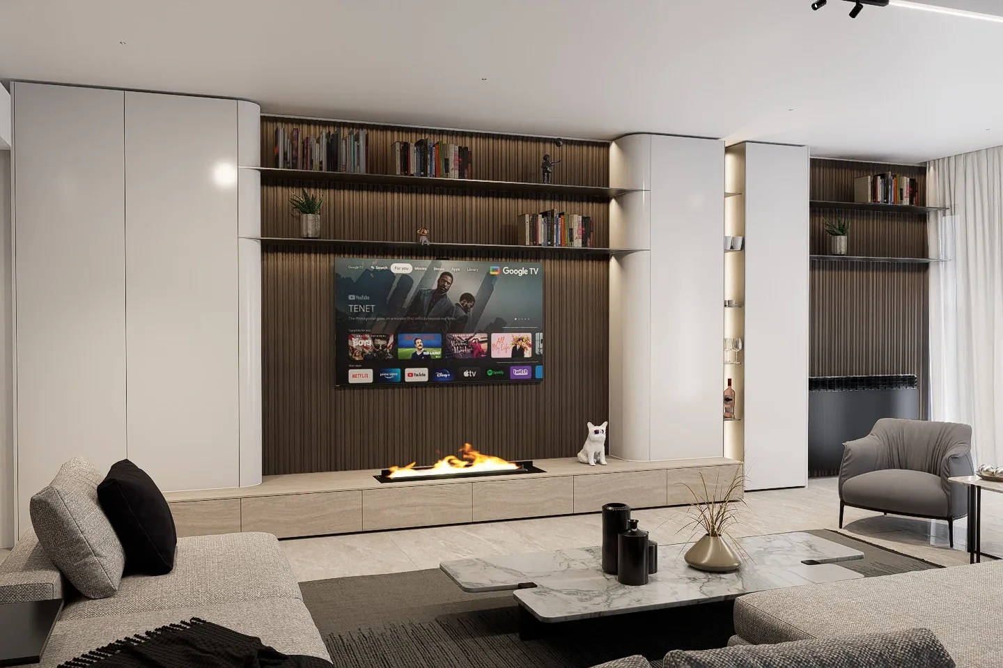 Luxury living room with floor-to-ceiling walnut slatted feature wall, integrated TV niche, linear ethanol fireplace on stone hearth, lit display shelves with bookshelves and wraparound cream cabinetry — KITWOOD Lebanon interior design