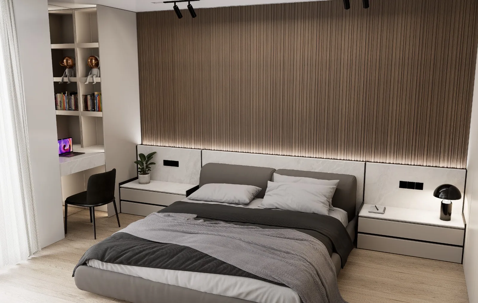 Master bedroom with bronze-toned vertical fluted wall panelling, upholstered grey platform bed, integrated stone-topped bedside benches with concealed drawers and study niche with desk — KITWOOD Lebanon bedroom design