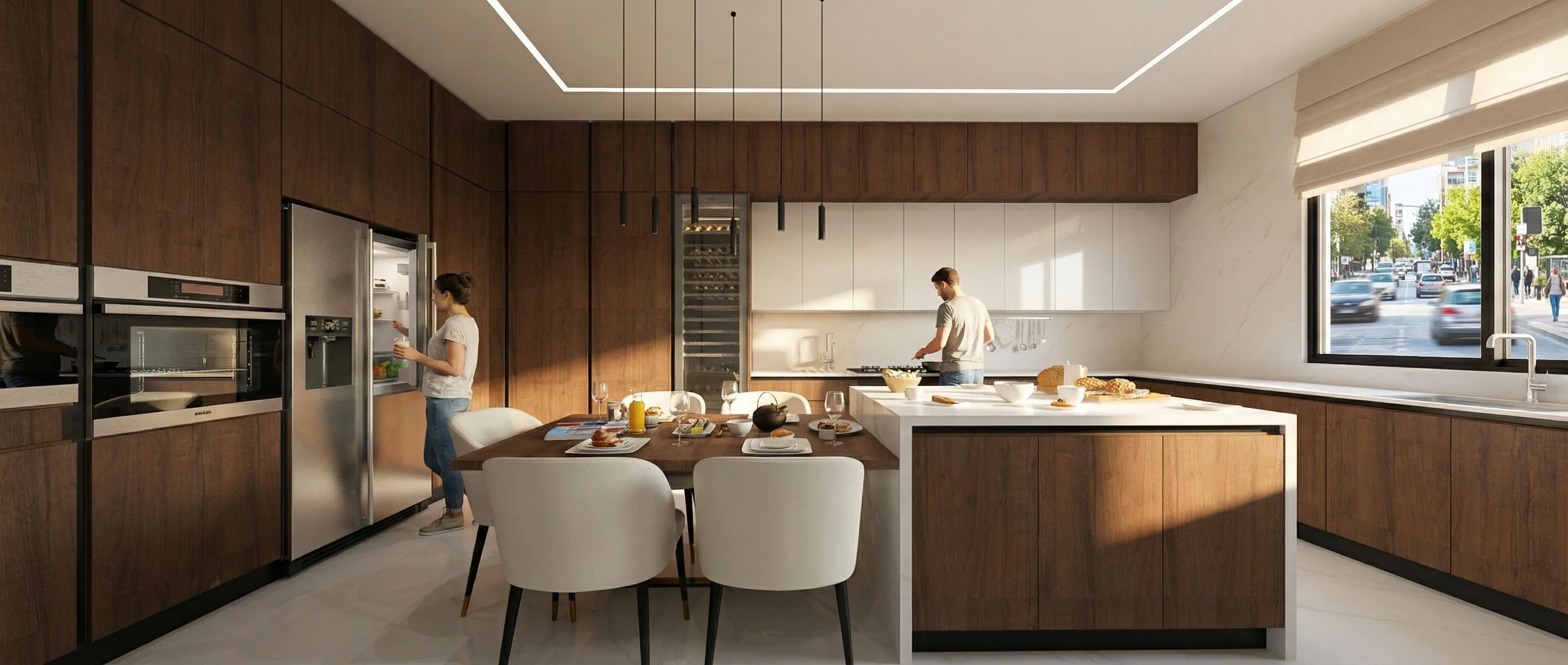 Spacious family kitchen with full-height walnut cabinetry, integrated tall fridge-freezer and double oven column, glass-fronted wine cooler, large island with extended walnut dining table and Calacatta marble worktops — KITWOOD Lebanon design