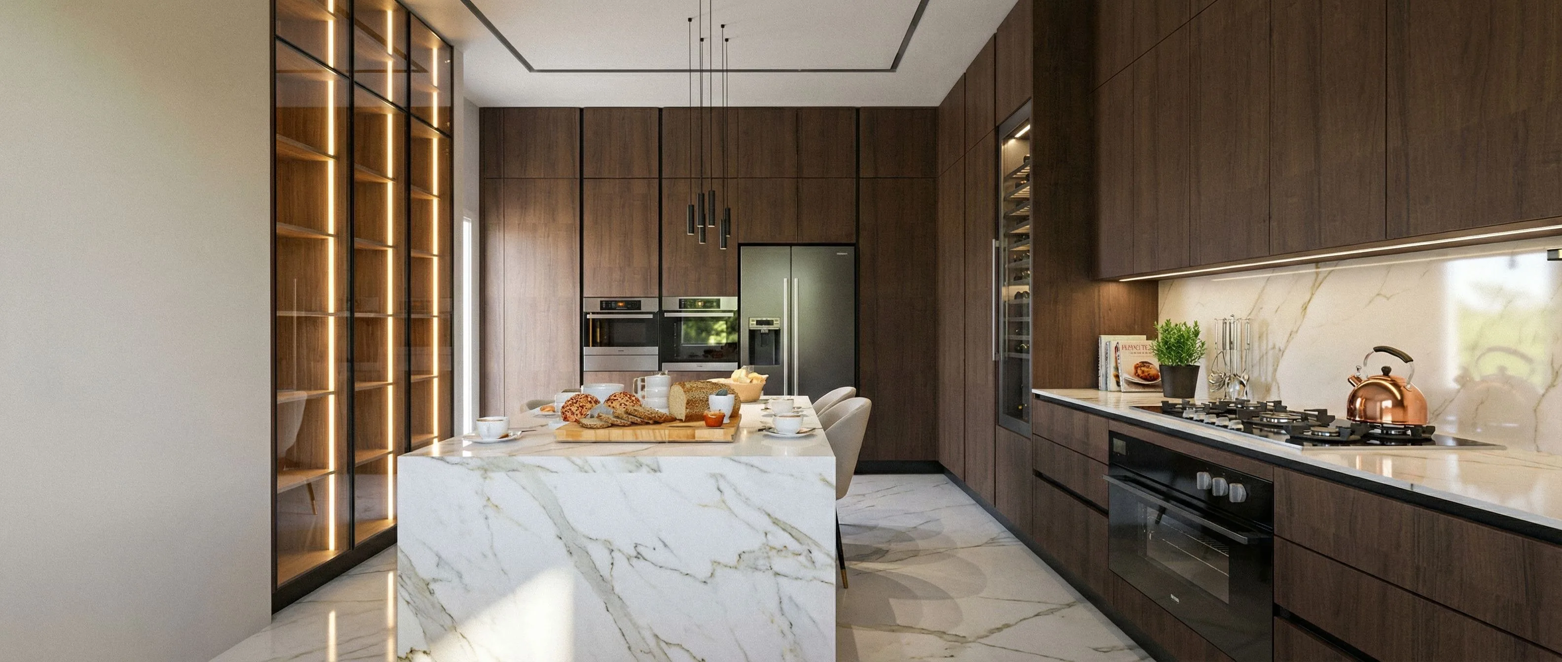 Luxury walnut galley kitchen with Calacatta marble waterfall island and backsplash, lit glass-front display tower, integrated oven column, gas hob and full-height wine cooler on marble flooring — KITWOOD Lebanon design