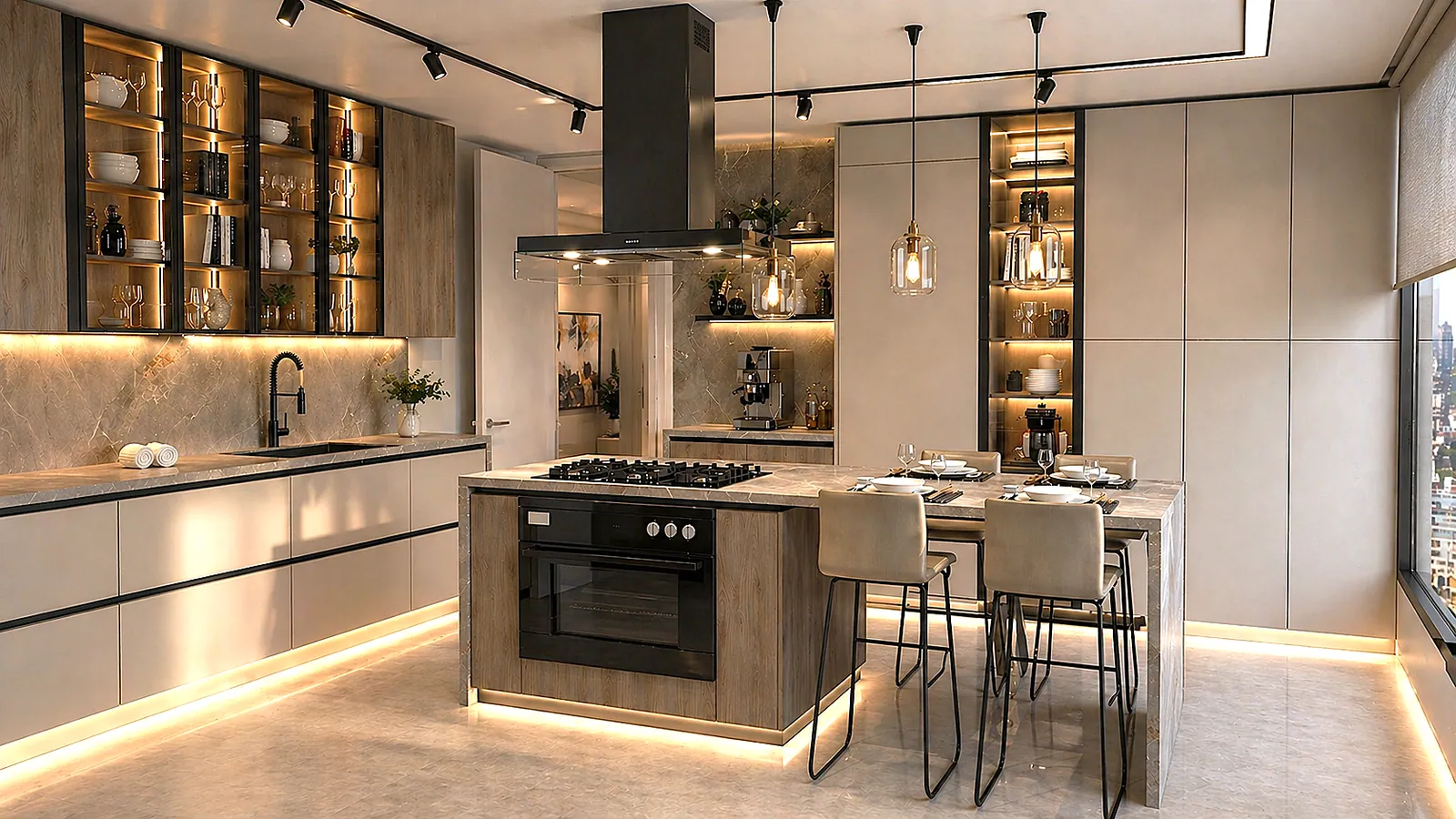 Open-plan beige handleless kitchen with floor-to-ceiling LED-lit glass display cabinet walls for stemware and crockery, central island with light oak base and grey stone waterfall worktop, integrated gas hob and built-in oven, sculptural black and stone island extractor hood, cluster of brushed-brass and smoked-glass pendant lights, leather bar stools and LED toe-kick lighting on large-format porcelain flooring — KITWOOD Lebanon design