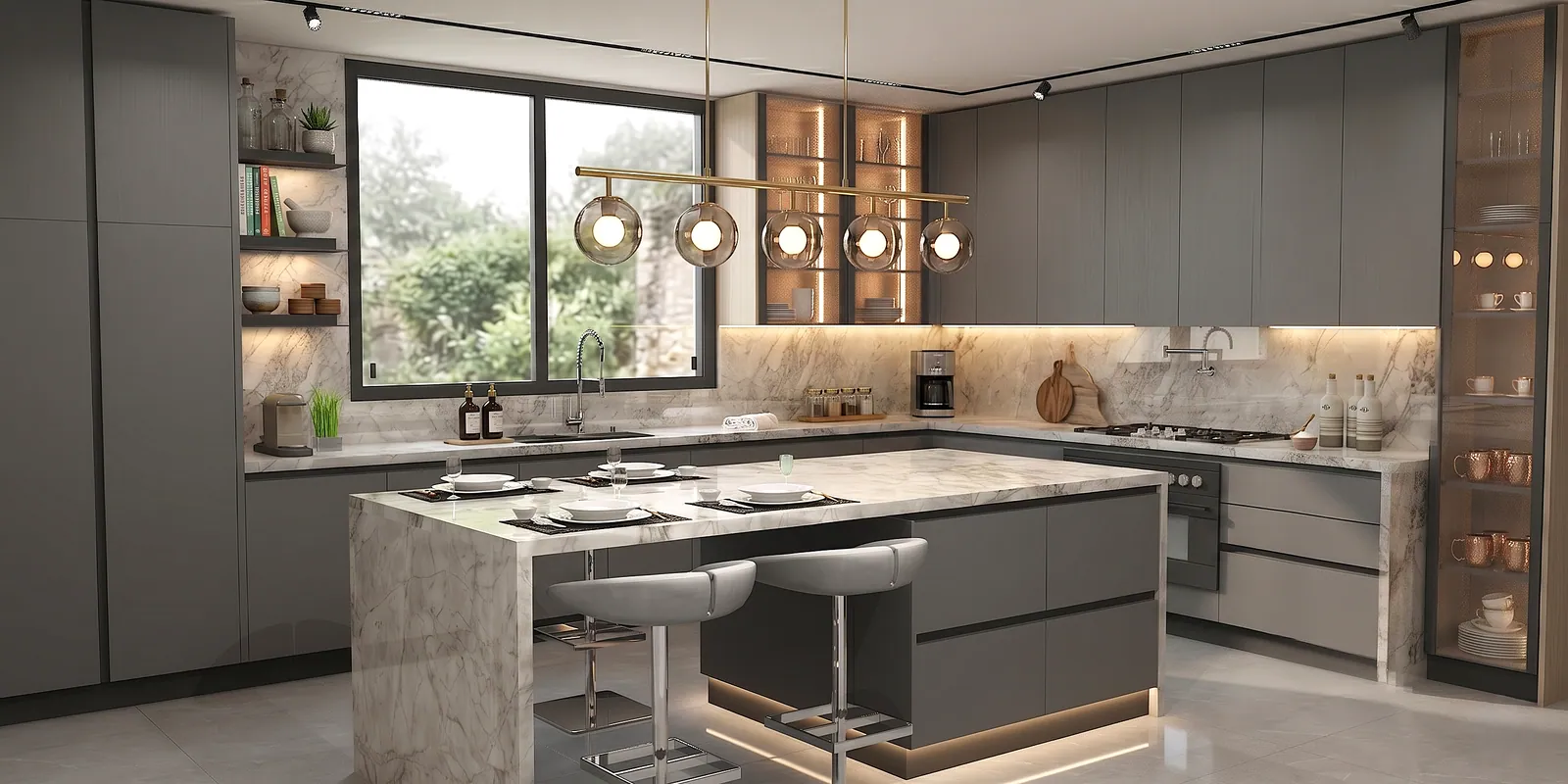 Luxury grey gloss handleless L-shape kitchen with full-height Calacatta marble backsplash and waterfall island worktop, integrated gas hob, built-in oven and microwave column, LED-lit glass display cabinets with copper-stem mugs and dinnerware, brushed-gold linear pendant bar with smoked-glass globes, picture window onto the garden and chrome bar stools — KITWOOD Lebanon design
