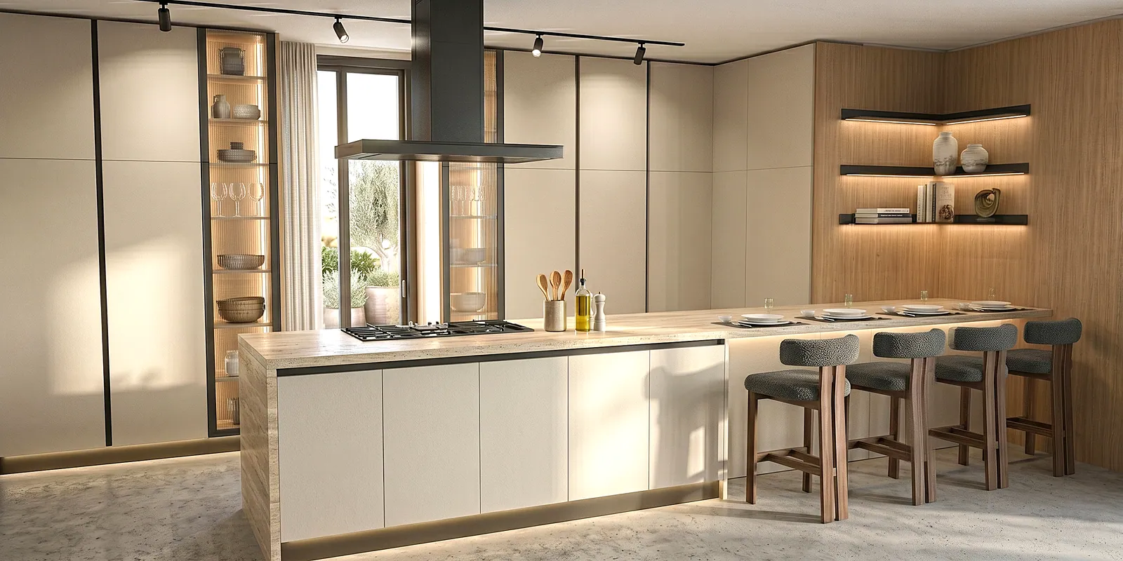 Cream minimalist handleless kitchen with floor-to-ceiling matte cabinetry, travertine waterfall island with extended breakfast bar, dark-framed glass display columns flanking a garden window, light oak feature wall with LED-lit recessed shelving niches, sculptural black island extractor hood, integrated gas hob and walnut bar stools with grey upholstered seats on polished travertine flooring — KITWOOD Lebanon design