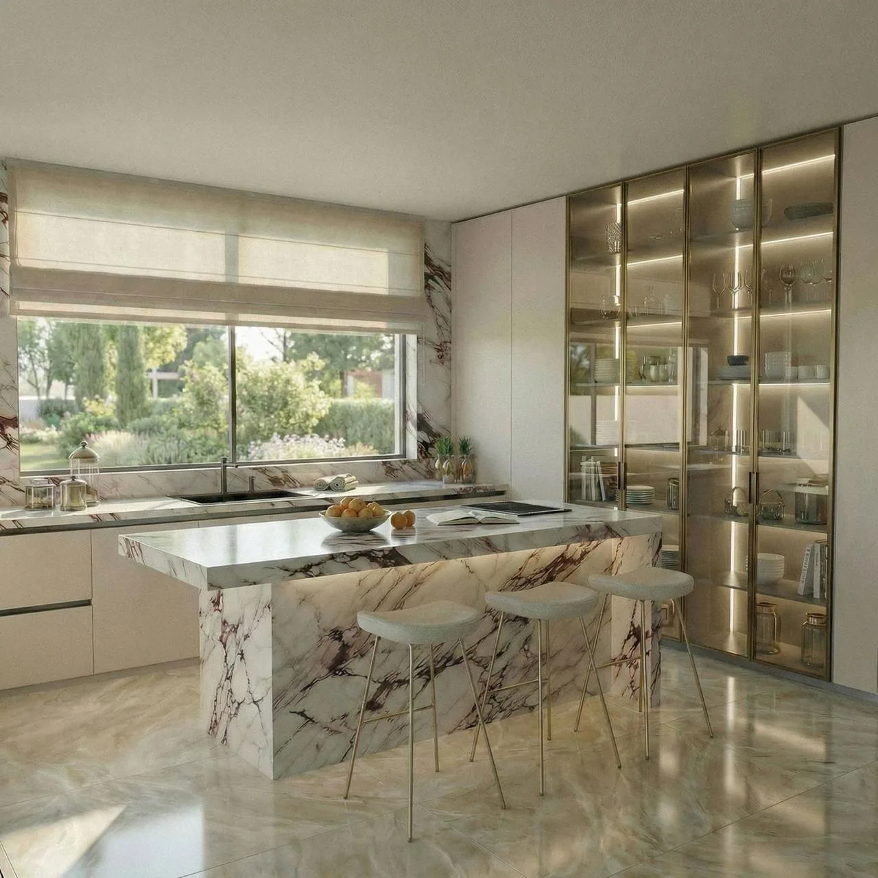 Luxury kitchen render with cream handleless cabinetry, Calacatta Viola marble waterfall island, full-height gold-frame glass display cabinet with integrated LED lighting and marble flooring — KITWOOD Lebanon design