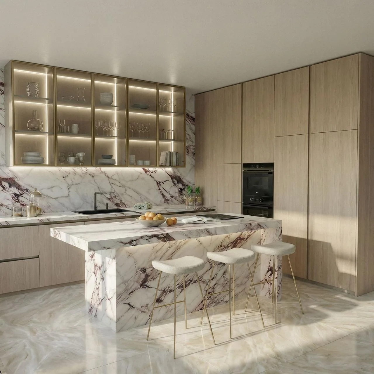 Kitchen design render with light oak veneer cabinetry, Calacatta marble backsplash and waterfall island, gold-frame glass open shelving with LED lighting and integrated oven tower — KITWOOD Lebanon