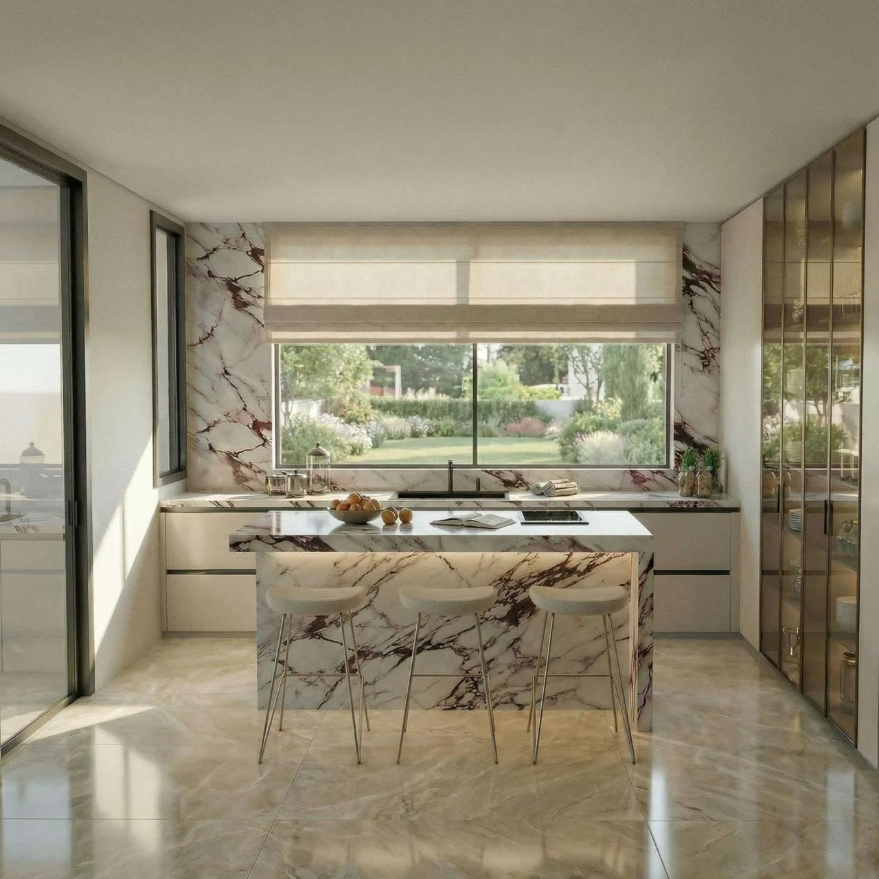 Bespoke kitchen render with cream handleless cabinetry, Calacatta Viola marble waterfall island and garden window view, sliding glass door and full-height display units — KITWOOD Lebanon design