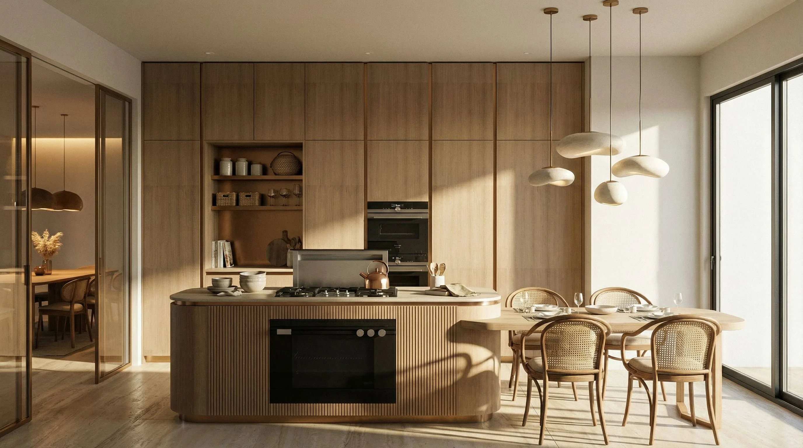 Warm natural oak kitchen with fluted curved island, built-in oven tower, open display niche and sculptural pendant lights over dining area — KITWOOD Lebanon design