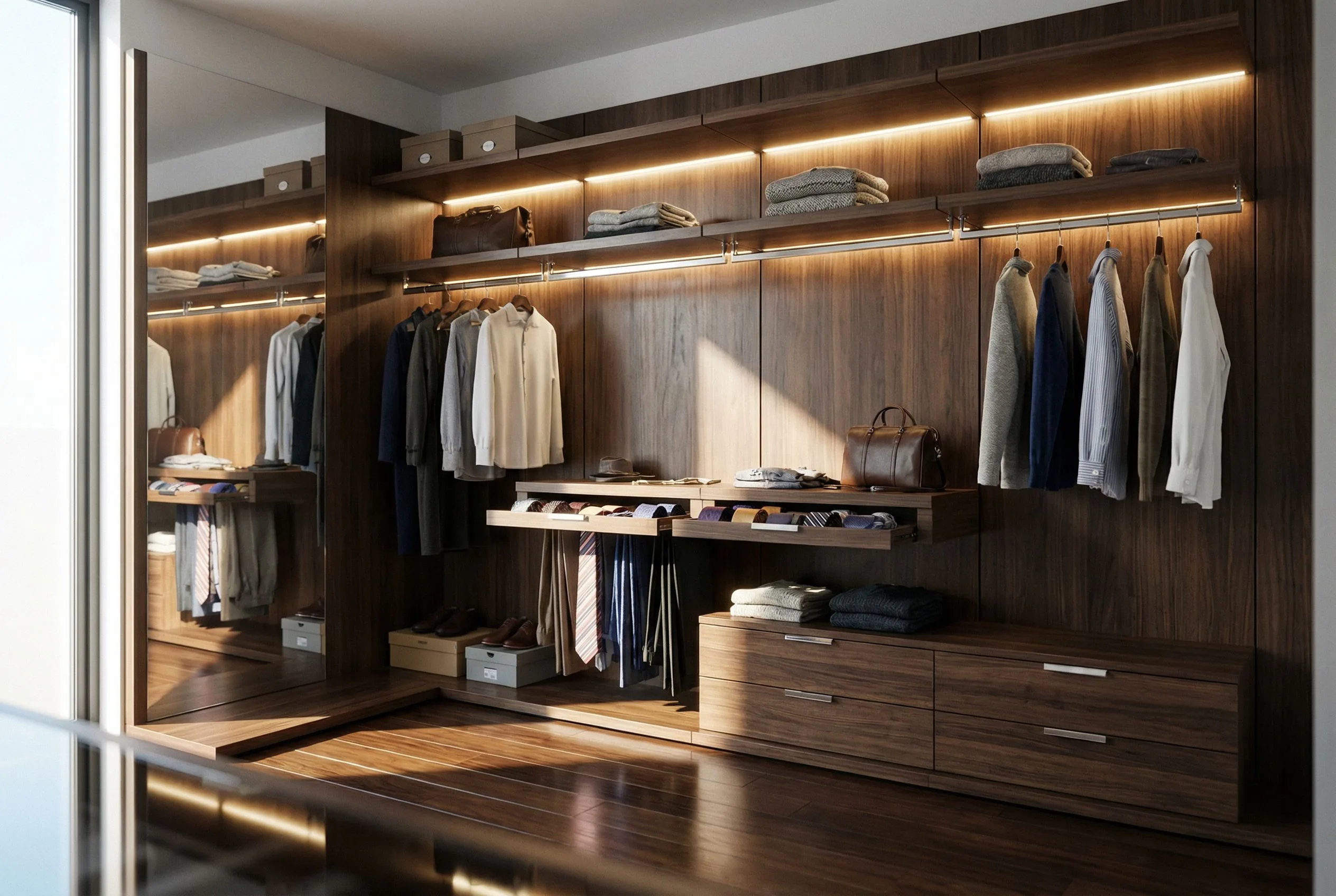 Luxury walk-in closet in dark walnut veneer with LED-lit open shelving, pull-out tie rack, integrated drawers and full-length mirror — KITWOOD Lebanon wardrobe design