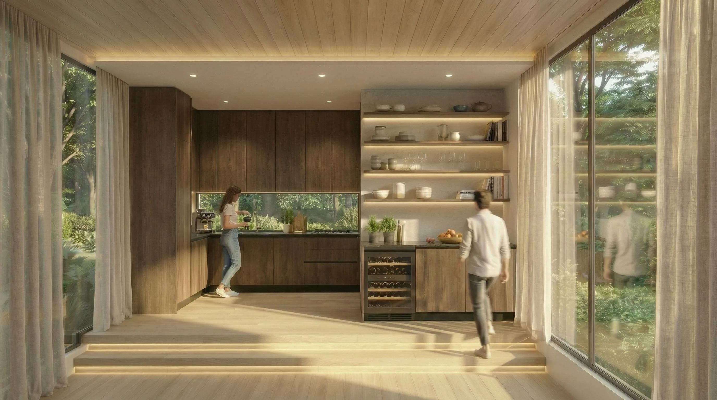 Garden pavilion kitchenette with dark wood cabinetry, glass backsplash window to greenery, floating shelves, wine cooler and timber ceiling — KITWOOD Lebanon design