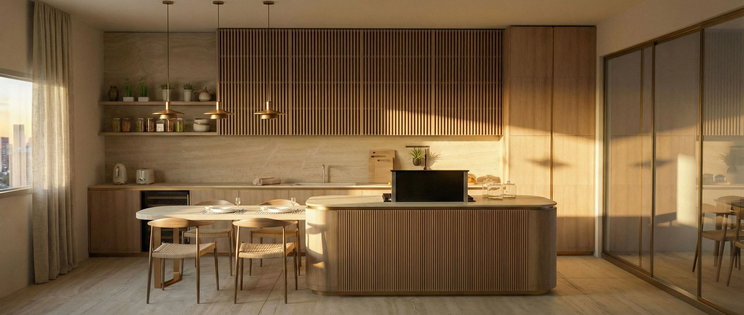 Contemporary kitchen with vertical slatted oak wall units, curved island with integrated cooktop and breakfast bar, brass pendant lights — KITWOOD Lebanon design