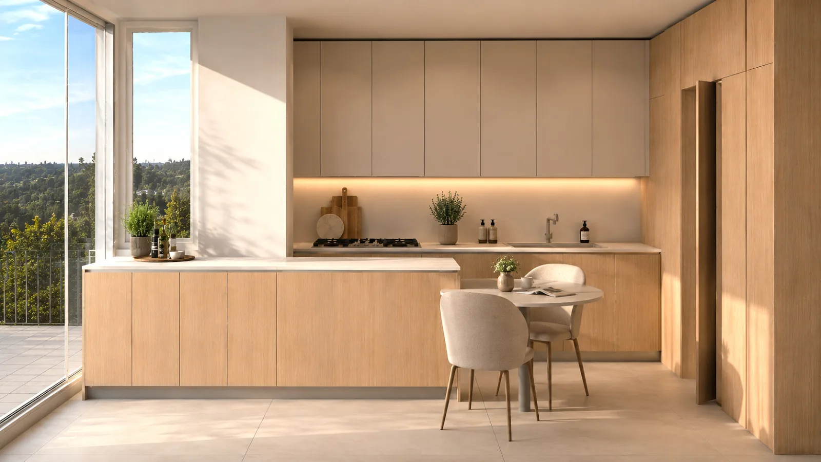 Light oak handleless apartment kitchen with beige matte floor-to-ceiling wall units, vertical-grain natural oak base cabinets and full-height oak tall units, integrated four-burner gas hob, undermount sink with brushed nickel mixer tap, LED under-cabinet lighting along the cream stone backsplash, oak chopping boards and amphora vase styling on the worktop, and a sunlit dining nook with round oak table and two cream boucle armchairs framed by a full-height picture window onto a Mount Lebanon valley view — KITWOOD Lebanon design