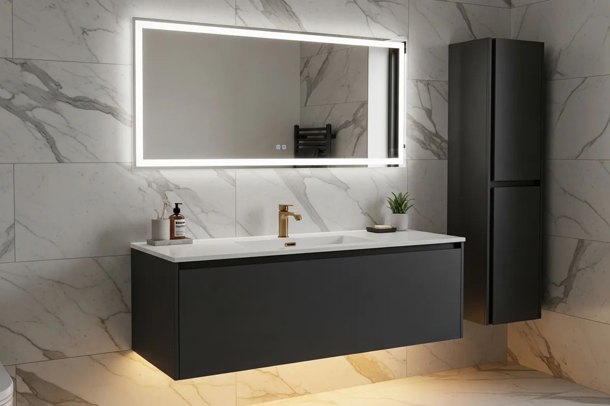 Modern floating bathroom vanity with integrated LED lighting — luxury bathroom furniture
