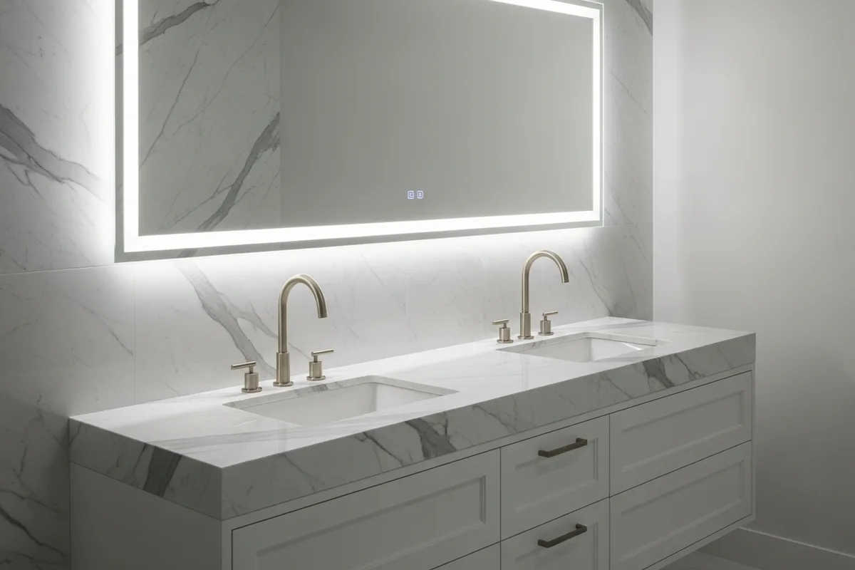 Contemporary bathroom with large format stone basin — Italian style vanity unit