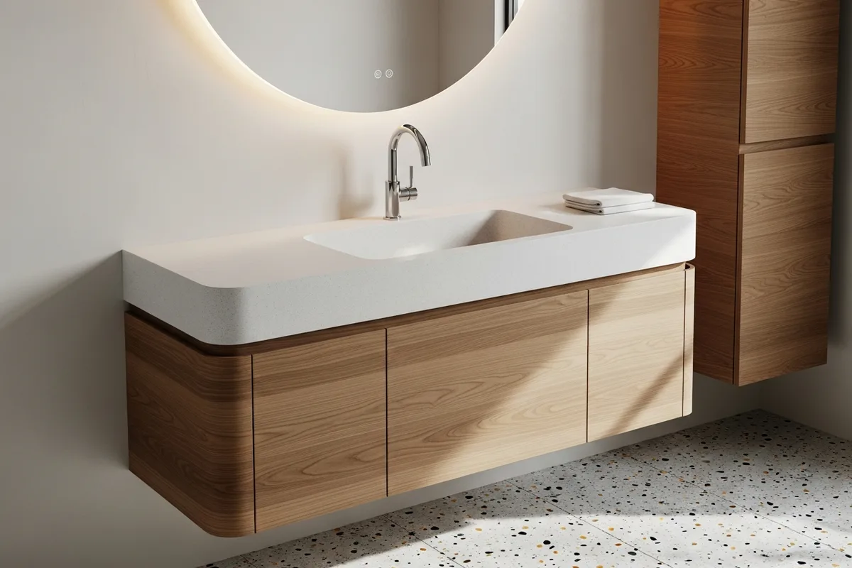 Minimalist bathroom vanity with backlit mirror panel — premium bathroom design