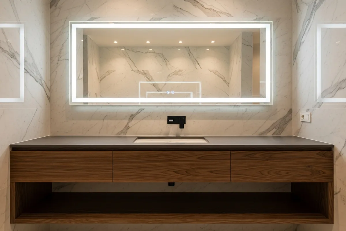 Open shelf bathroom storage with natural wood finish — Italian bathroom design