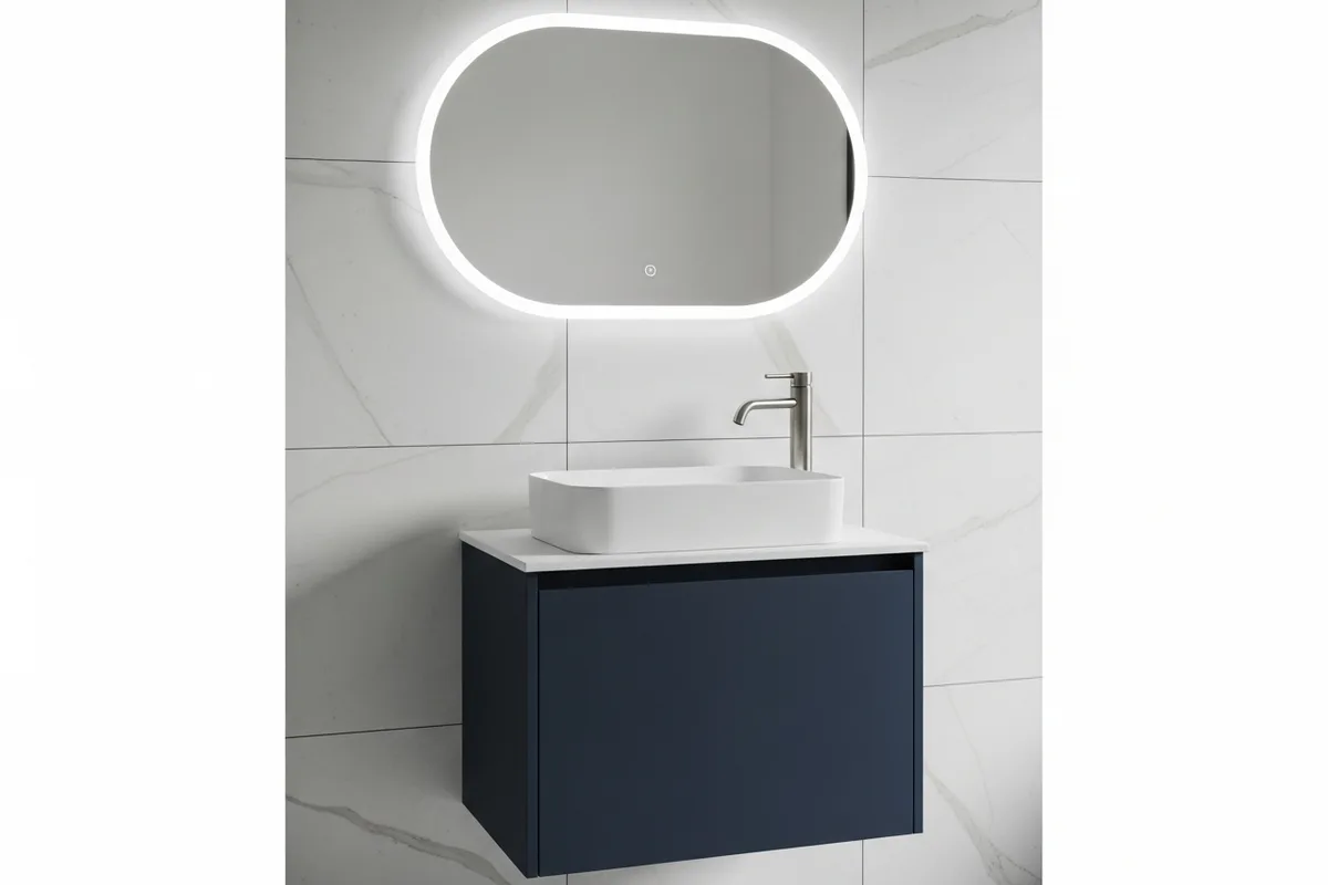 Bathroom vanity with soft-touch lacquer cabinet doors — premium bathroom furniture