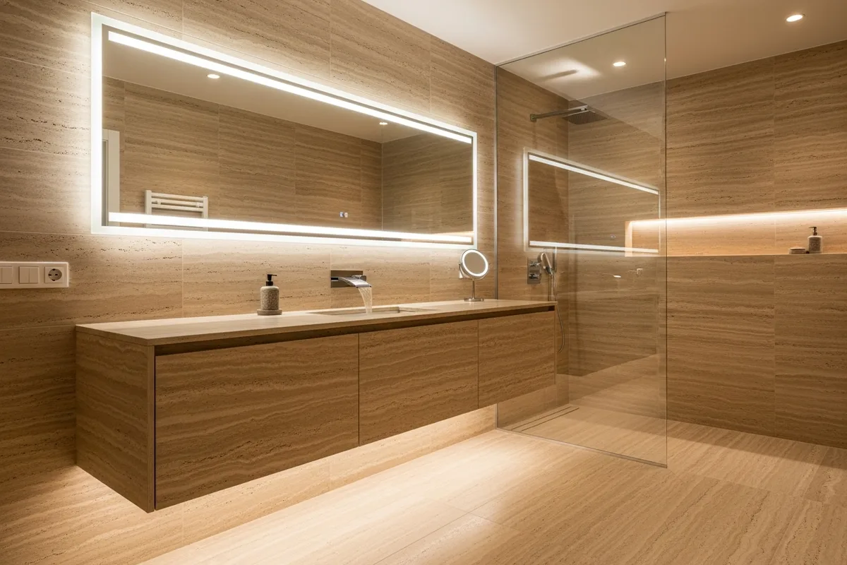Walk-in bathroom with integrated LED strip lighting in vanity unit — luxury design