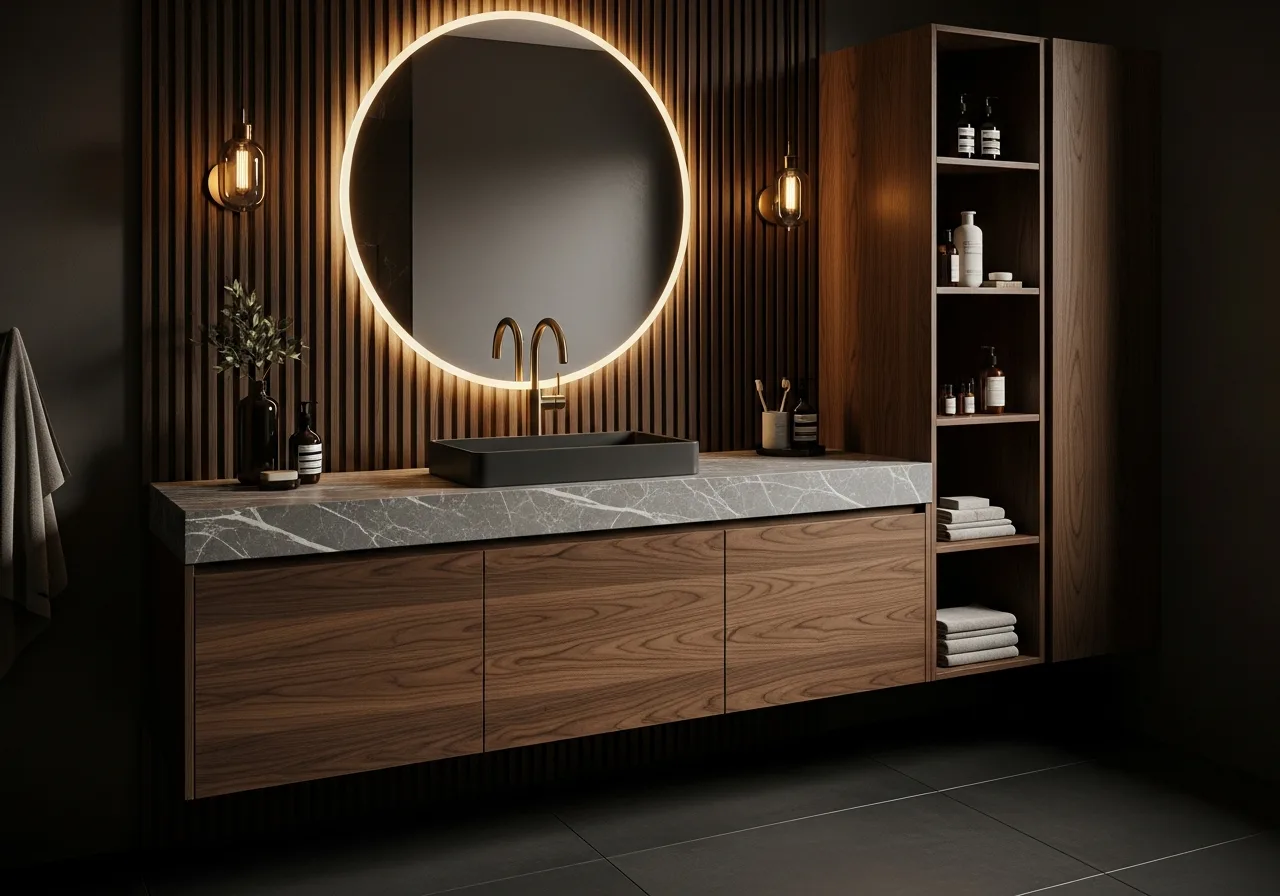 Bespoke bathroom vanity by KITWOOD Lebanon — floating wall-hung unit with stone countertop