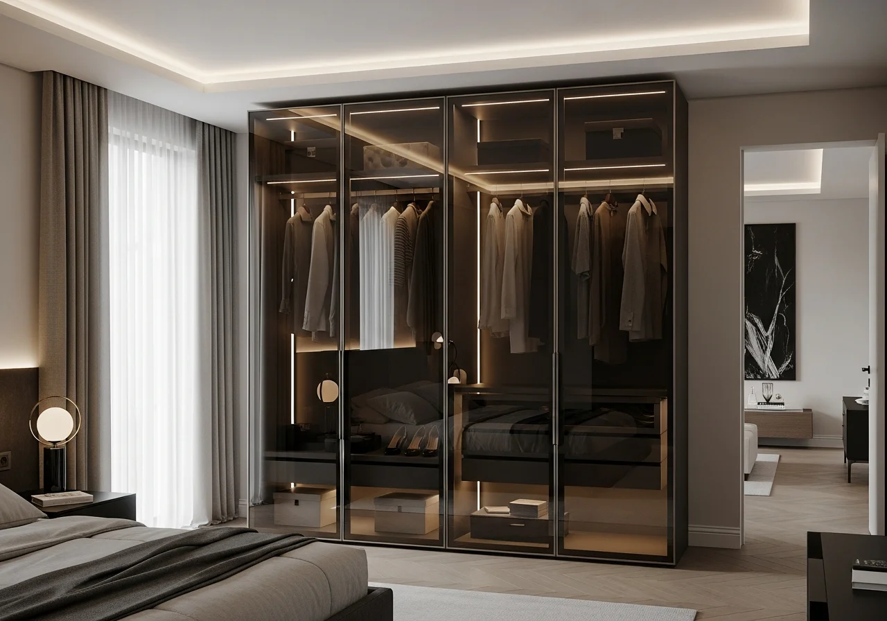 Glass front wardrobe Lebanon smoked glass slim aluminium frame floor-to-ceiling — KLOZET® glass wardrobe Beirut