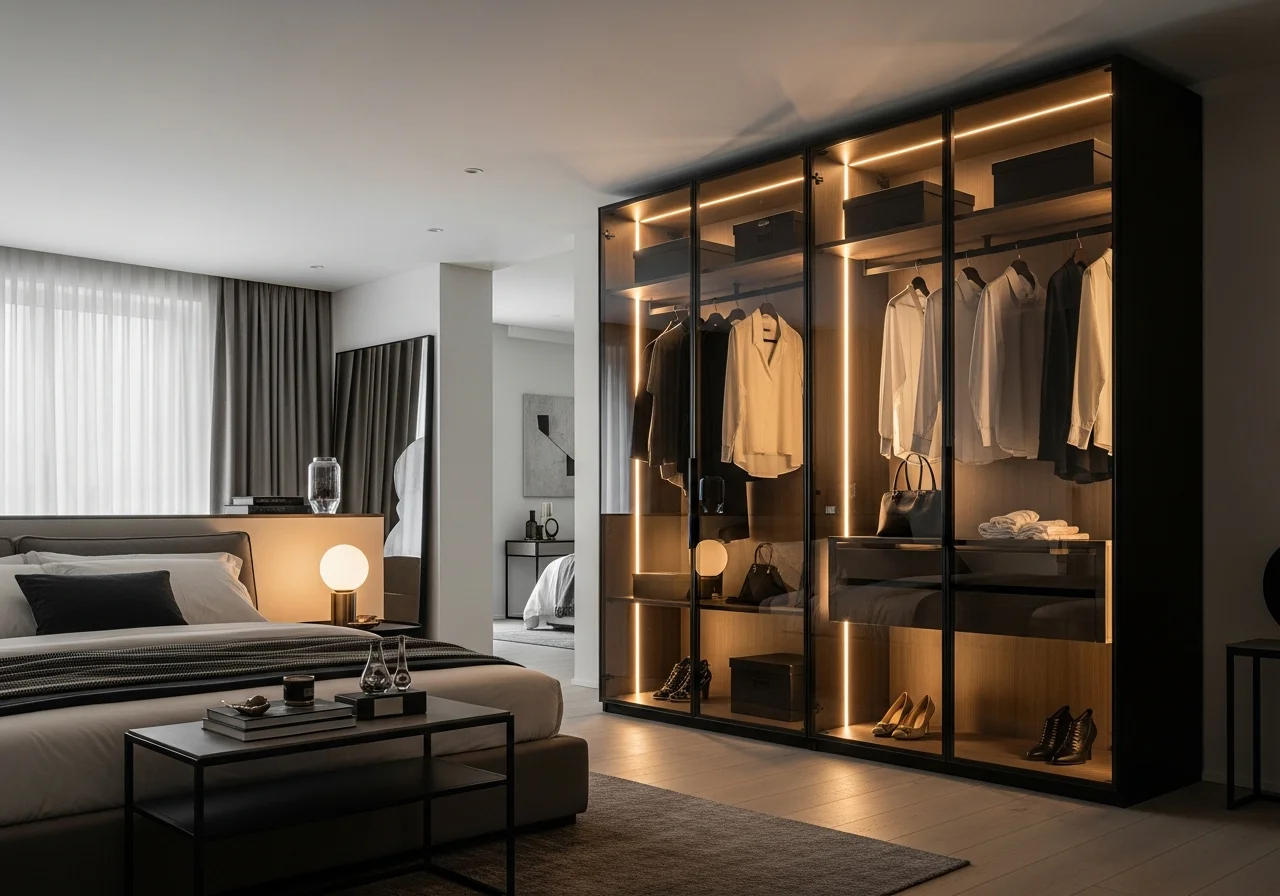 Clear glass wardrobe Lebanon black aluminium frame LED backlit interior — KLOZET® glass wardrobe system KITWOOD Beirut