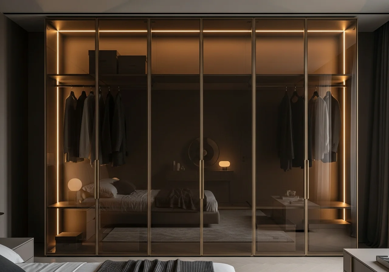 Luxury glass wardrobe Lebanon bronze tinted glass brass frame — KLOZET® premium glass closet KITWOOD