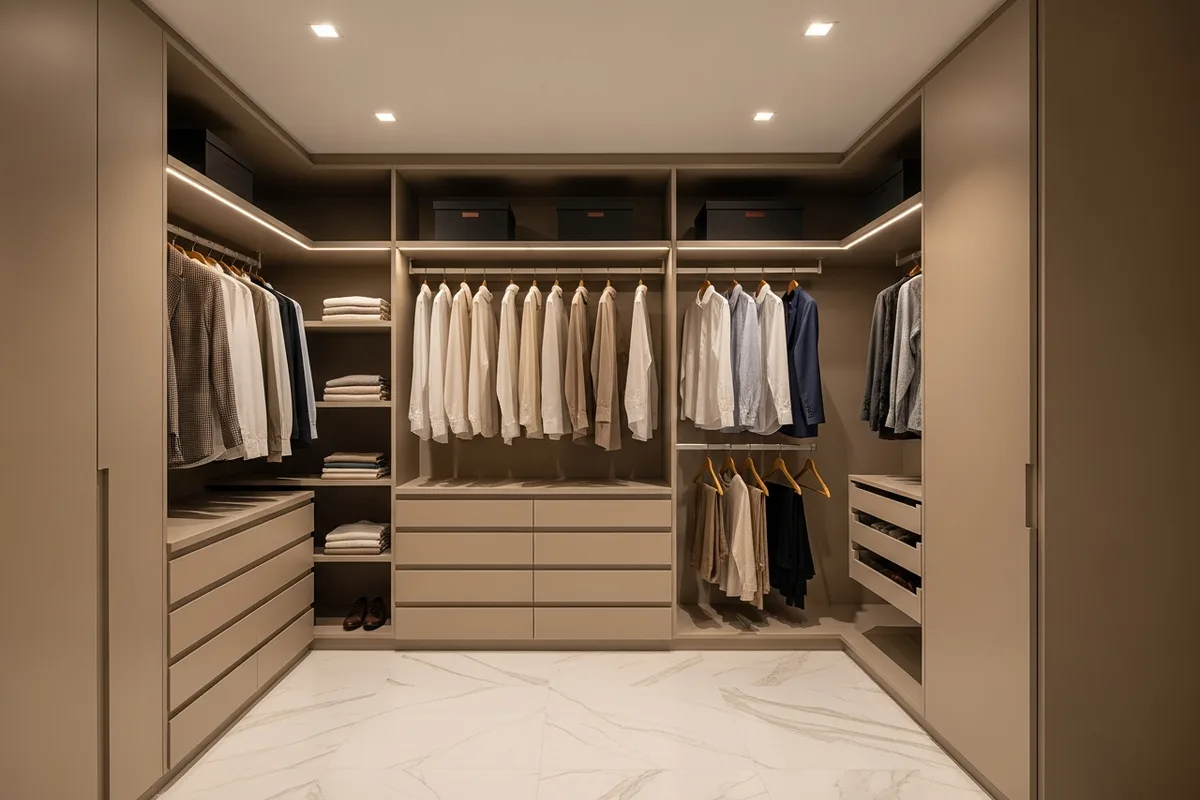 KLOZET® walk-in closet installed in a Mount Lebanon villa — open shelving with integrated lighting