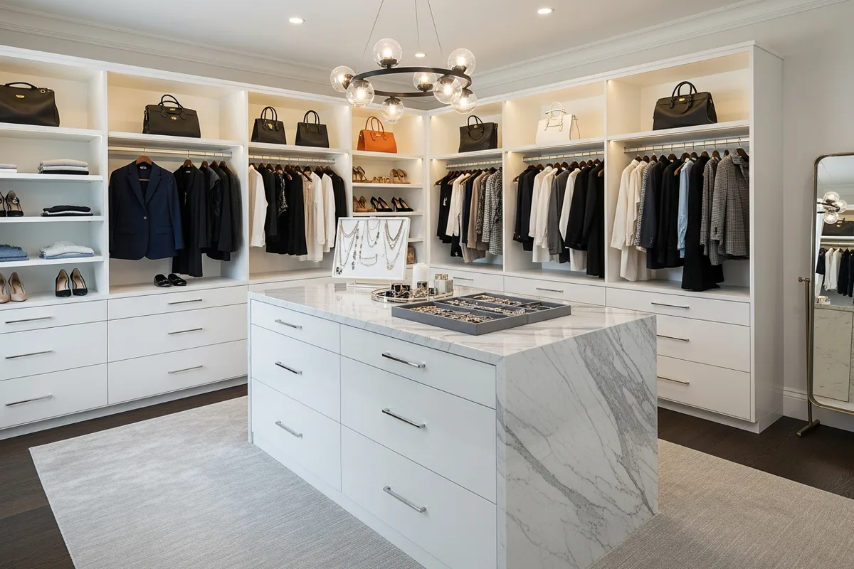 KLOZET® walk-in dressing room installed in a Metn residence — full-height open cabinetry with island