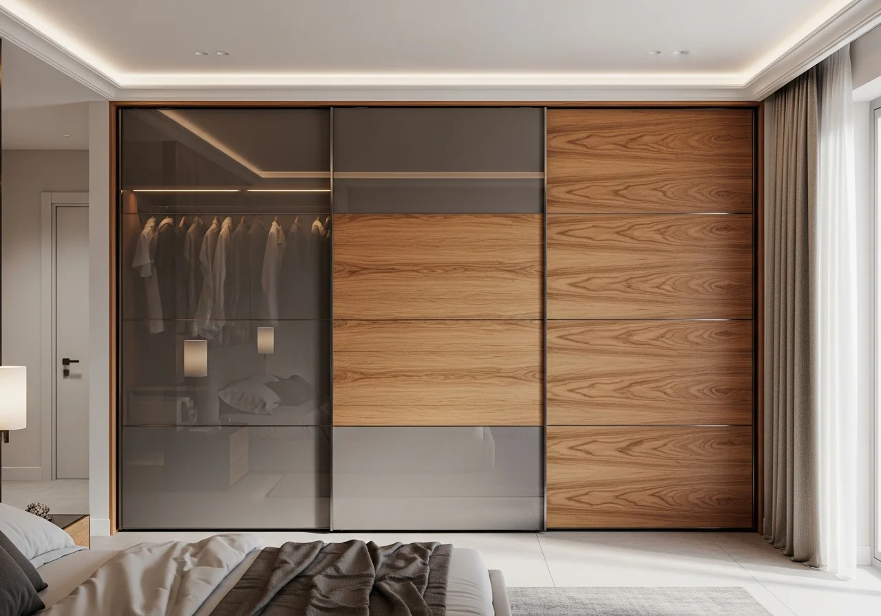 Sliding wardrobe Lebanon smoked glass wood veneer combination — KLOZET® Italian sliding system KITWOOD
