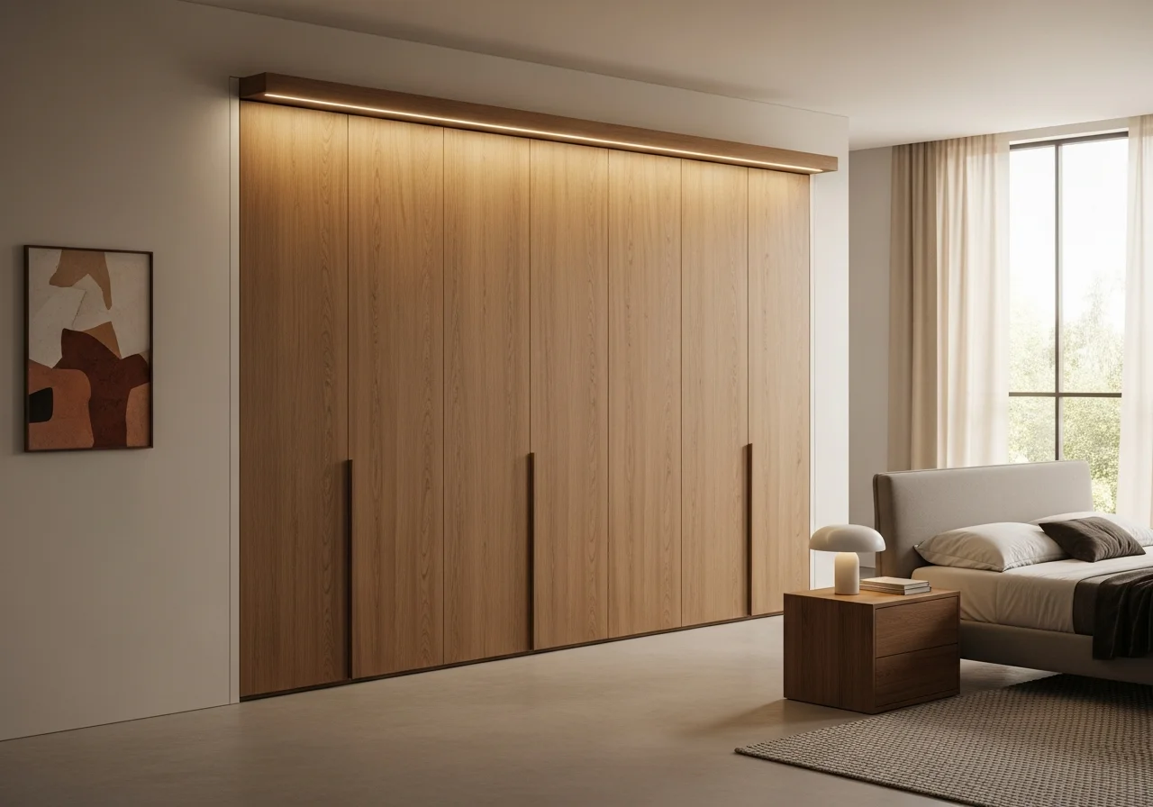Bespoke fitted wardrobe Lebanon natural oak veneer hinged with integrated LED lighting — KLOZET® KITWOOD