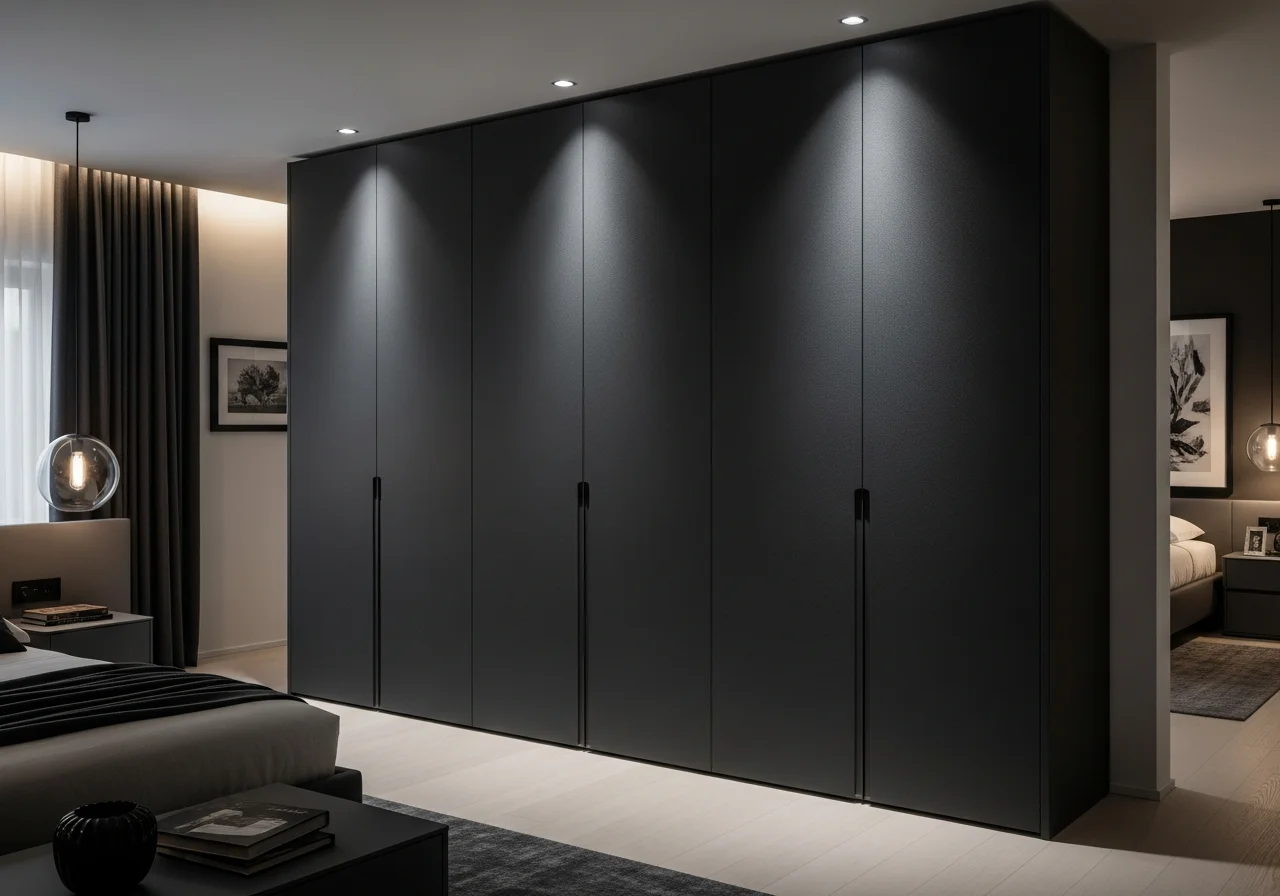 Floor-to-ceiling built-in wardrobe Lebanon charcoal lacquer groove handle — KLOZET® custom wardrobe Beirut