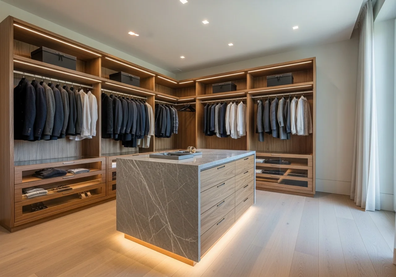 Walk-in closet Lebanon walnut open shelving stone island dressing room — KLOZET® bespoke walk-in wardrobe KITWOOD Beirut
