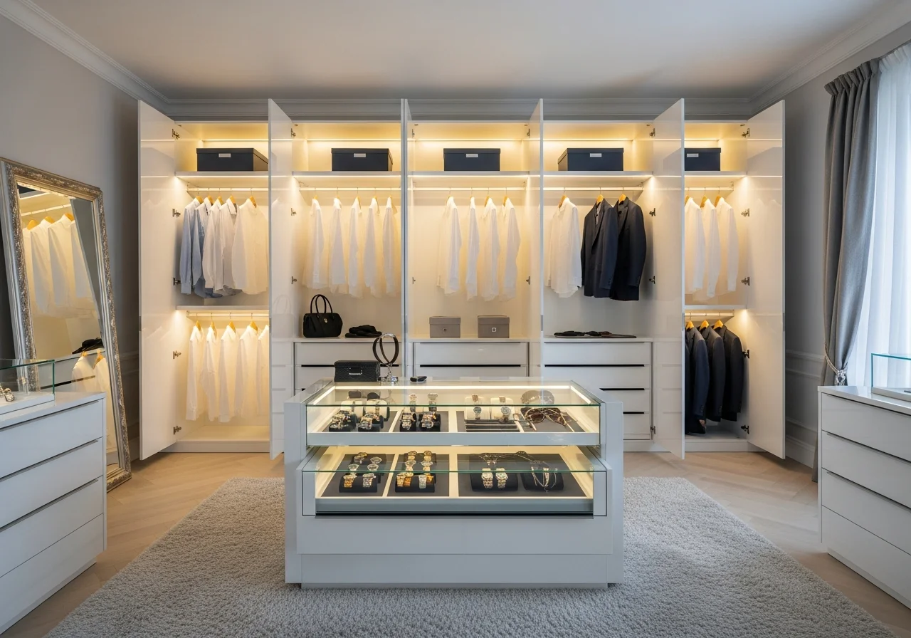 Walk-in wardrobe Lebanon white lacquer open cabinetry LED lighting — KLOZET® luxury dressing room KITWOOD