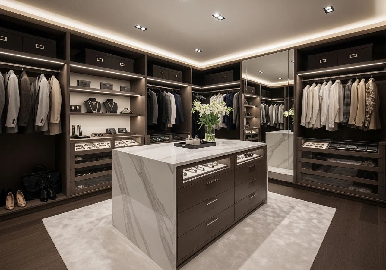 Luxury walk-in closet Lebanon marble island glass drawers LED lighting — KLOZET® bespoke dressing room KITWOOD Beirut